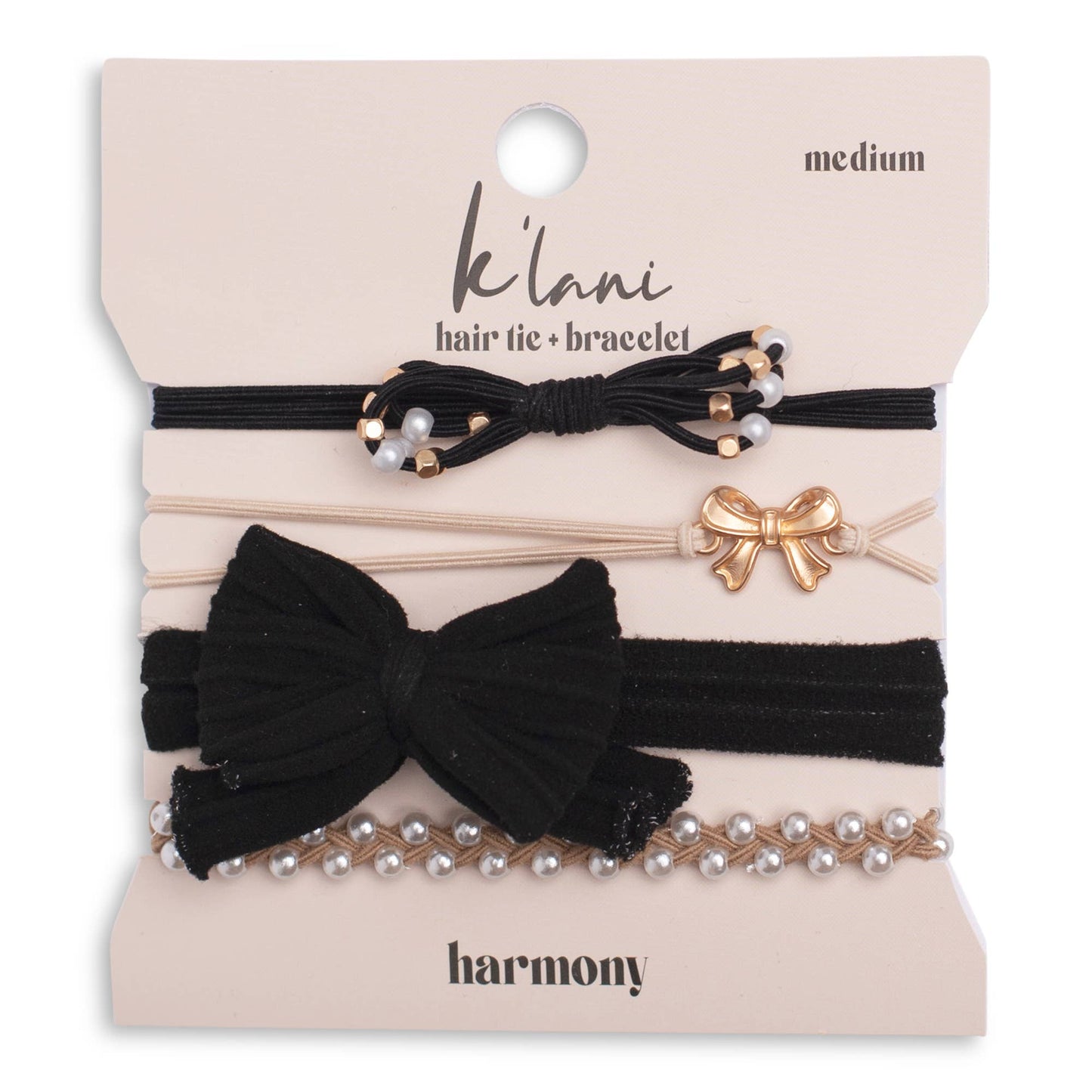 "Harmony" Bows, Pearls, Black & Gold Hair Tie Bracelets: Medium
