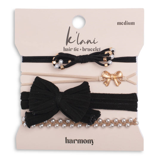 "Harmony" Bows, Pearls, Black & Gold Hair Tie Bracelets: Medium
