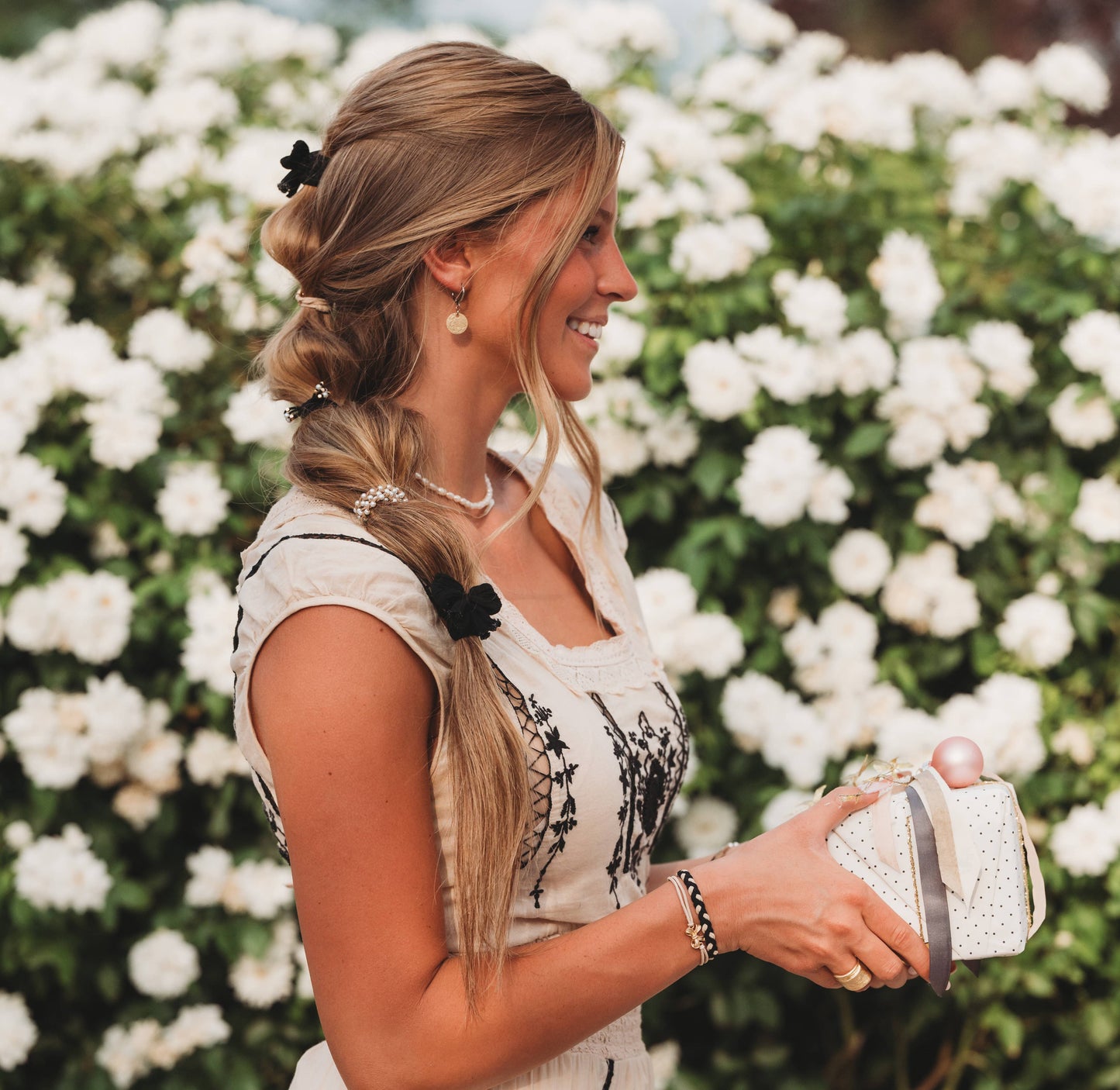 "Harmony" Bows, Pearls, Black & Gold Hair Tie Bracelets: Medium