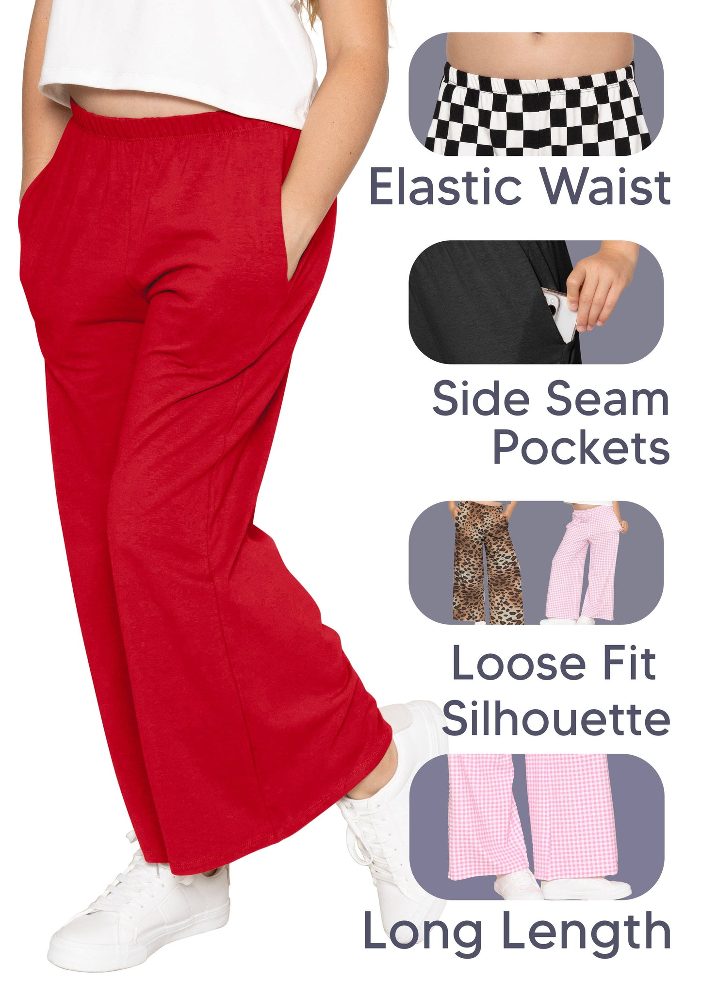 Girl's Cotton Wide Leg Pants | Pull-On Style with Pockets | Soft Stretch, Everyday Wear: Black / 10