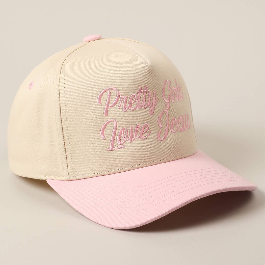 Pretty Girls Love Jesus Embroidery Trucker Hat: LT PINK / ONE SIZE