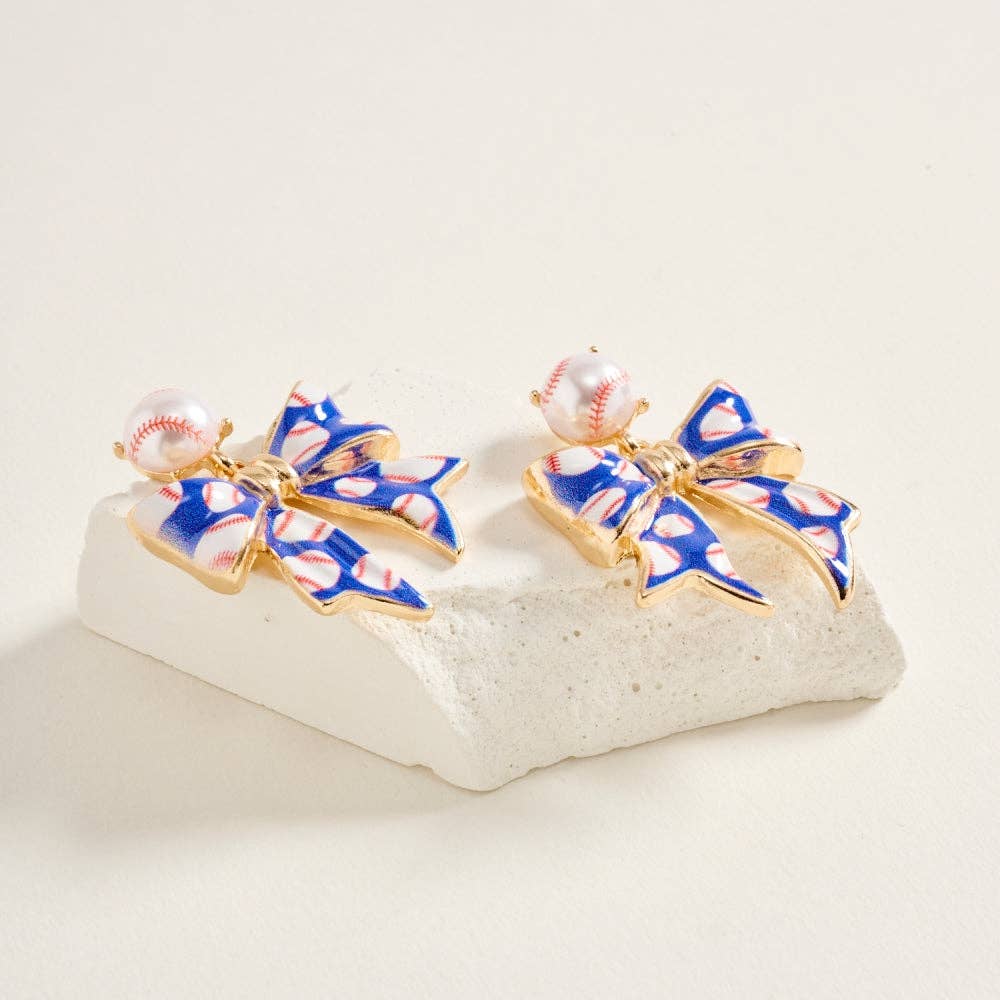 1.5 Inch Baseball Print Pattern Enamel Ribbon Post Earrings: White/Red / ONE