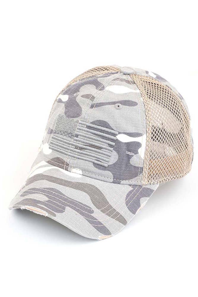 C.C American Flag Embroidery Camo Baseball Cap: Beige