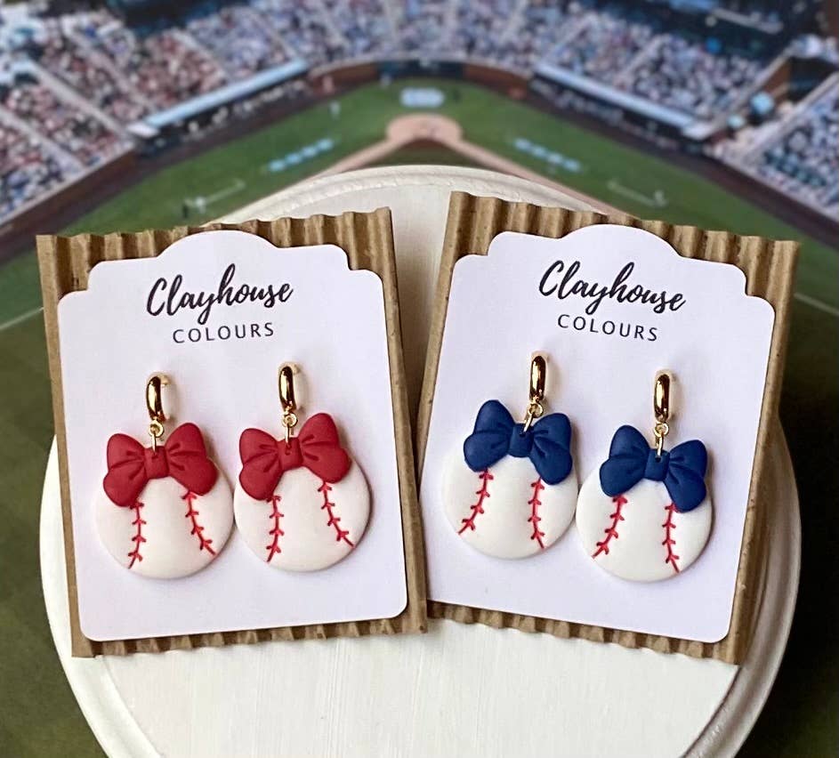 Baseball with Bow Earrings : Blue
