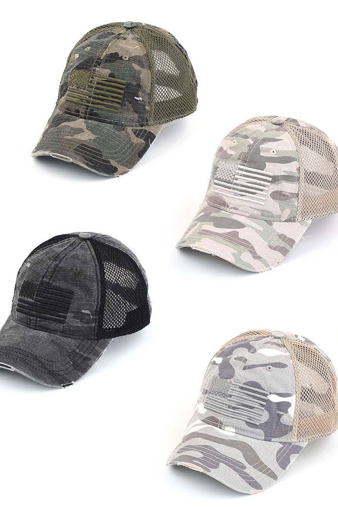 C.C American Flag Embroidery Camo Baseball Cap: Beige