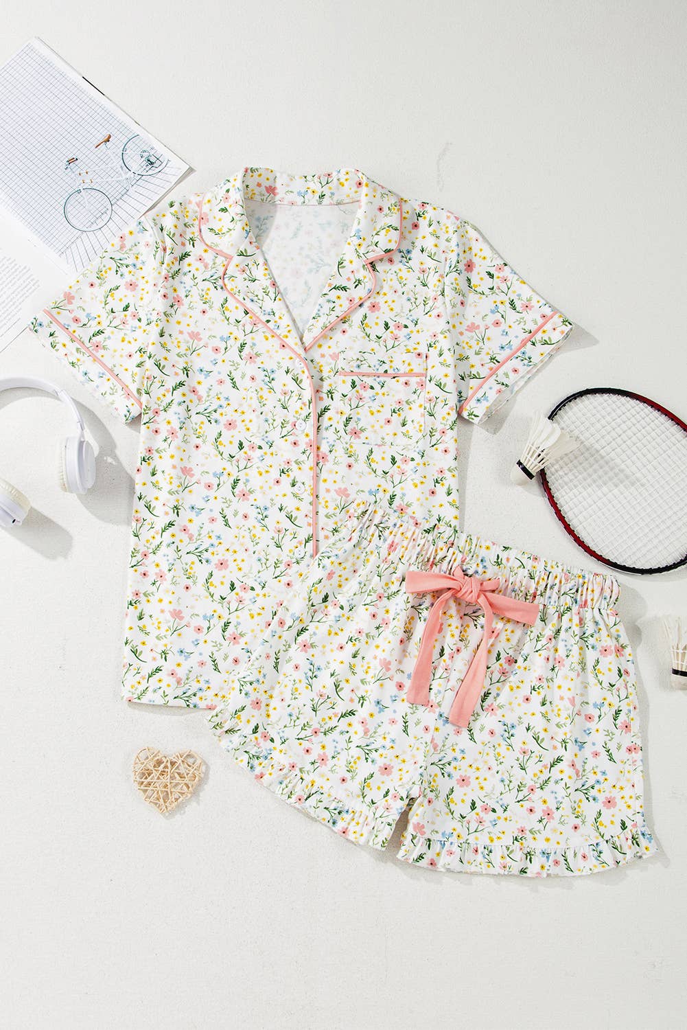 Floral Printed Casual Pocket Ruffled Shorts Pajama Set: AS SHOWN / Missy / M