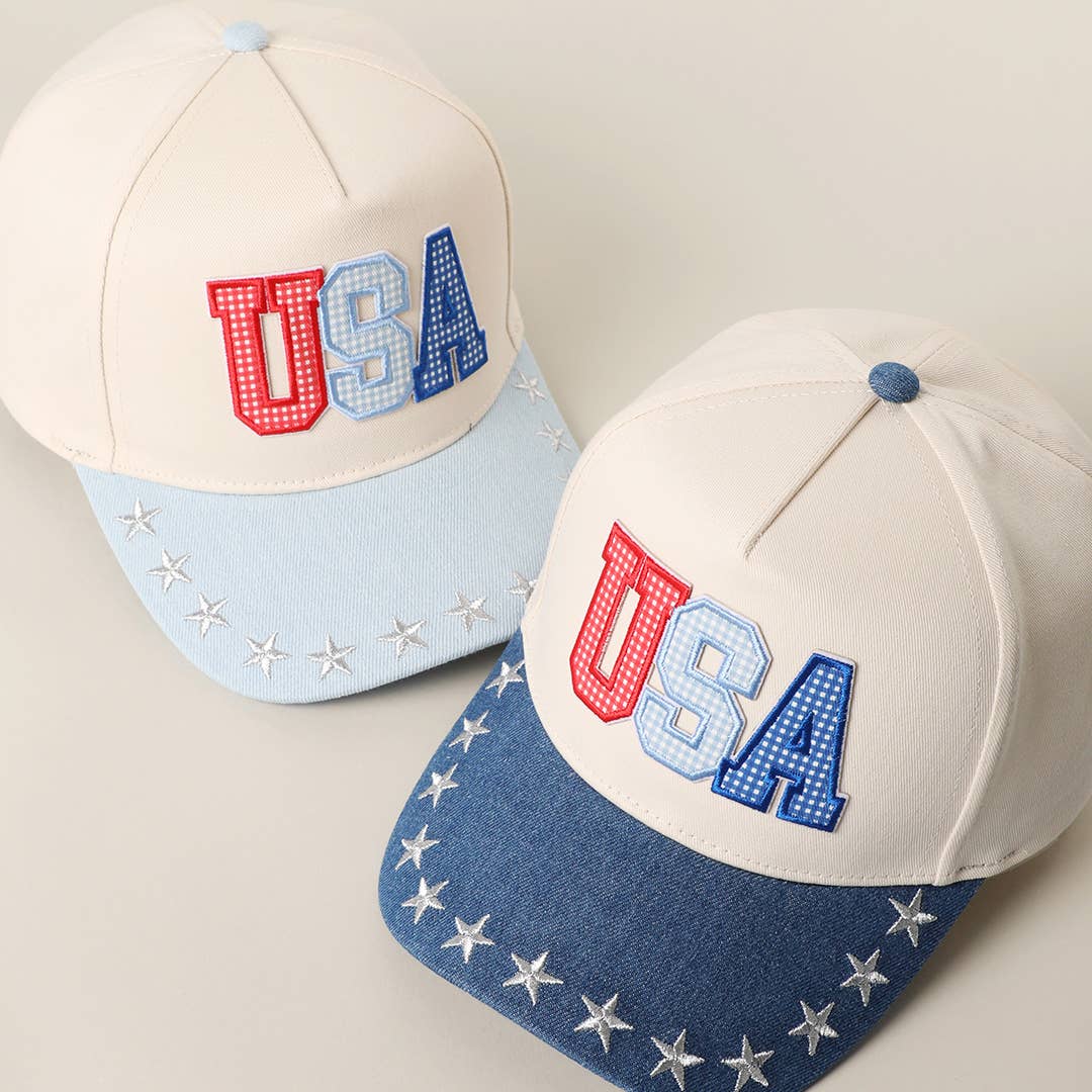 USA Letter Patch Star Brim Denim Baseball Cap: LT DENIM