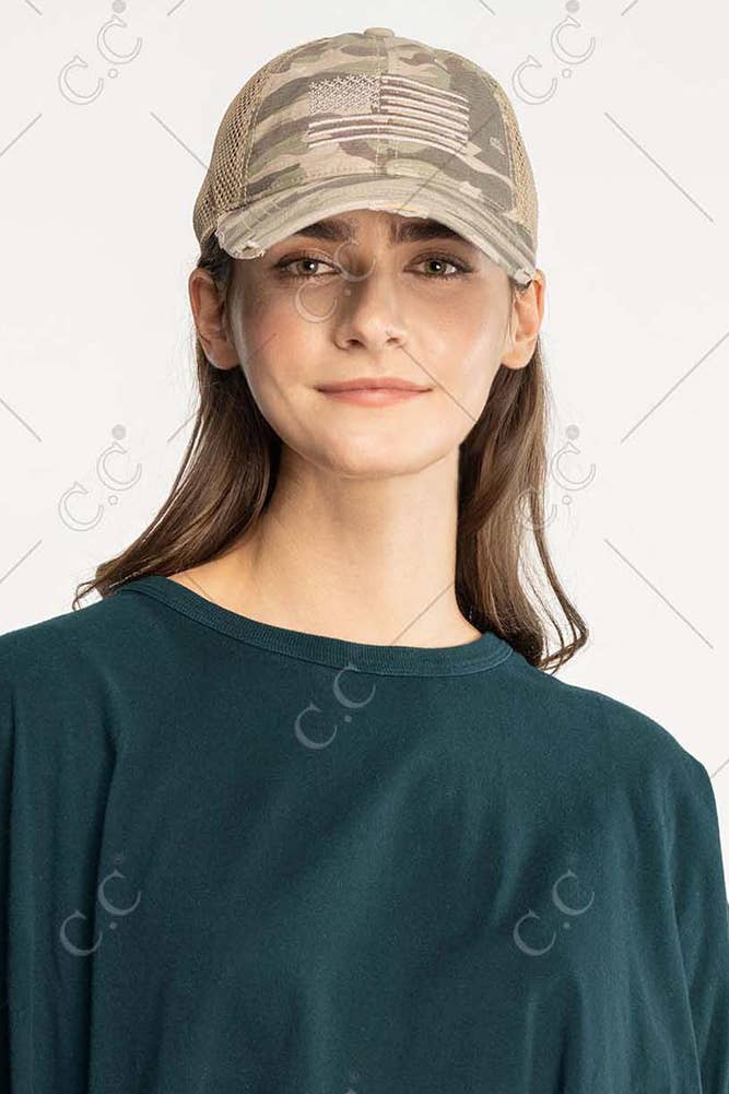 C.C American Flag Embroidery Camo Baseball Cap: Beige