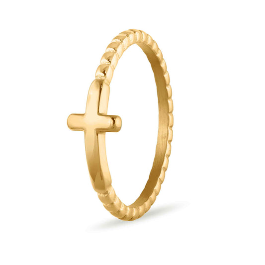 Stainless Steel Beaded Stackable Cross Ring: Gold / 8