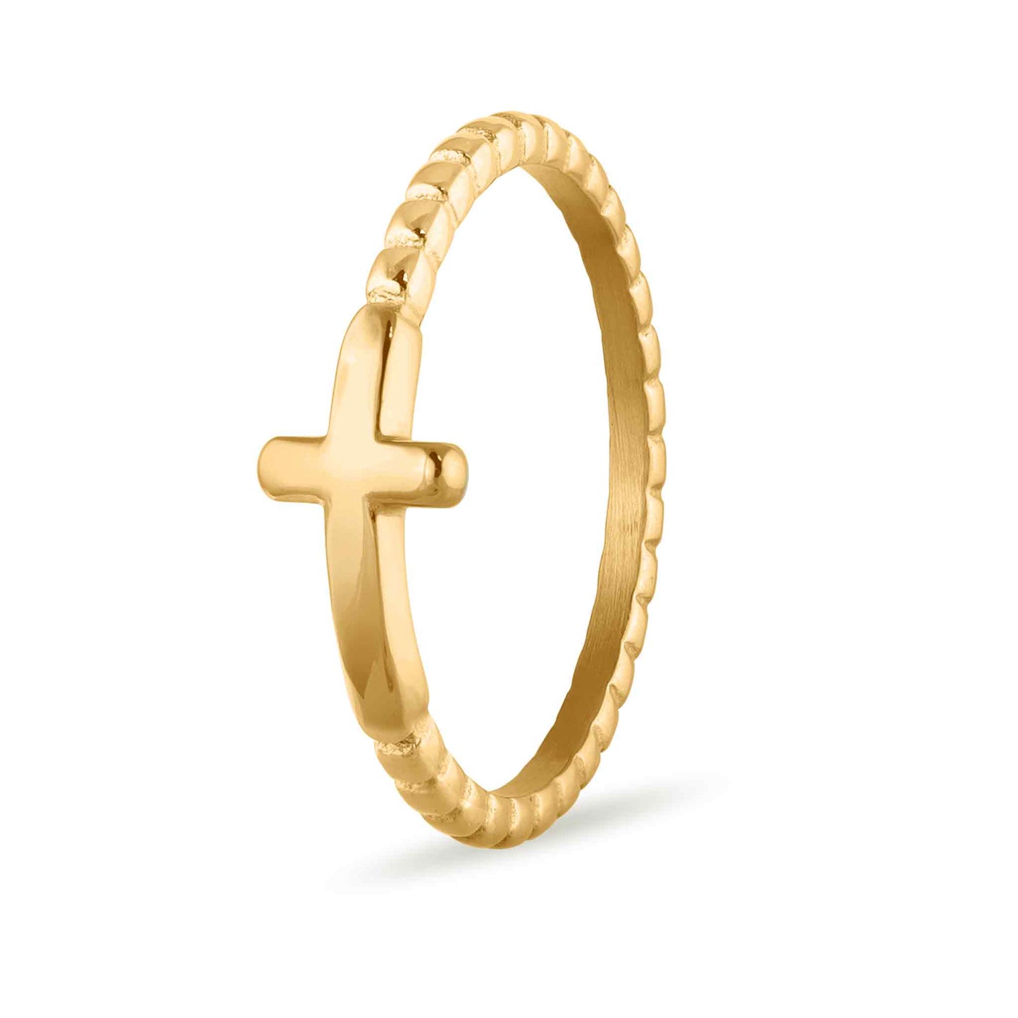 Stainless Steel Beaded Stackable Cross Ring: Gold / 7