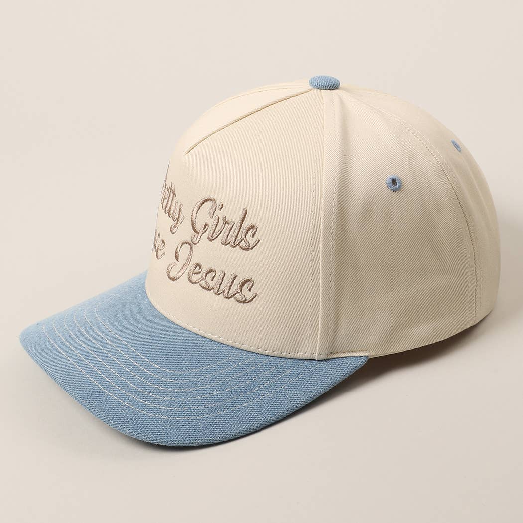 Pretty Girls Love Jesus Embroidery Trucker Hat: LT PINK / ONE SIZE