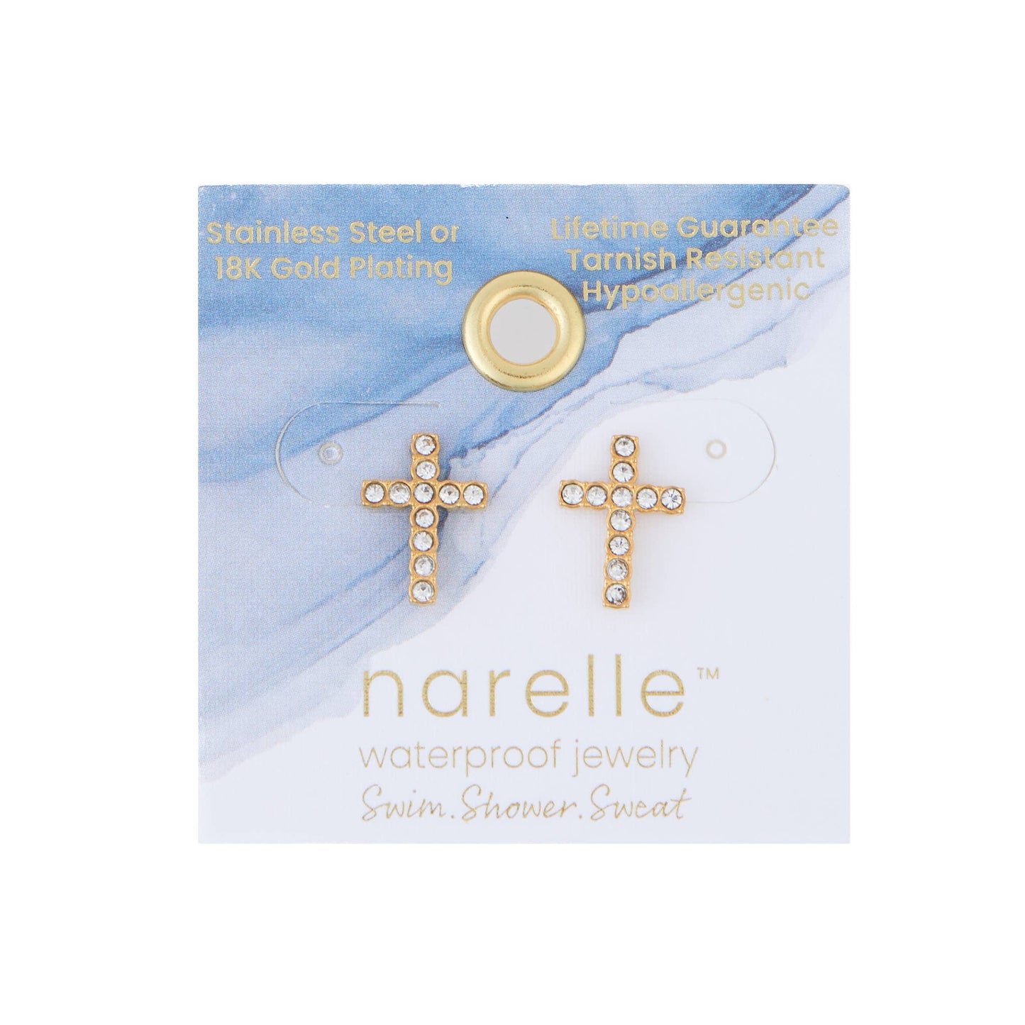 Waterproof Earrings Pave Cross Stud Gold & Steel Narelle: Gold