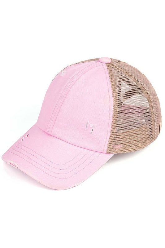 C.C Kids Washed Denim Elastic Band Crossed Pony Cap: Baby Pink