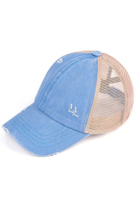 C.C Kids Washed Denim Elastic Band Crossed Pony Cap: Blue Moon