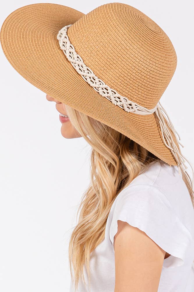Braided Strap Trim Summer Straw Sun Hat: Beige