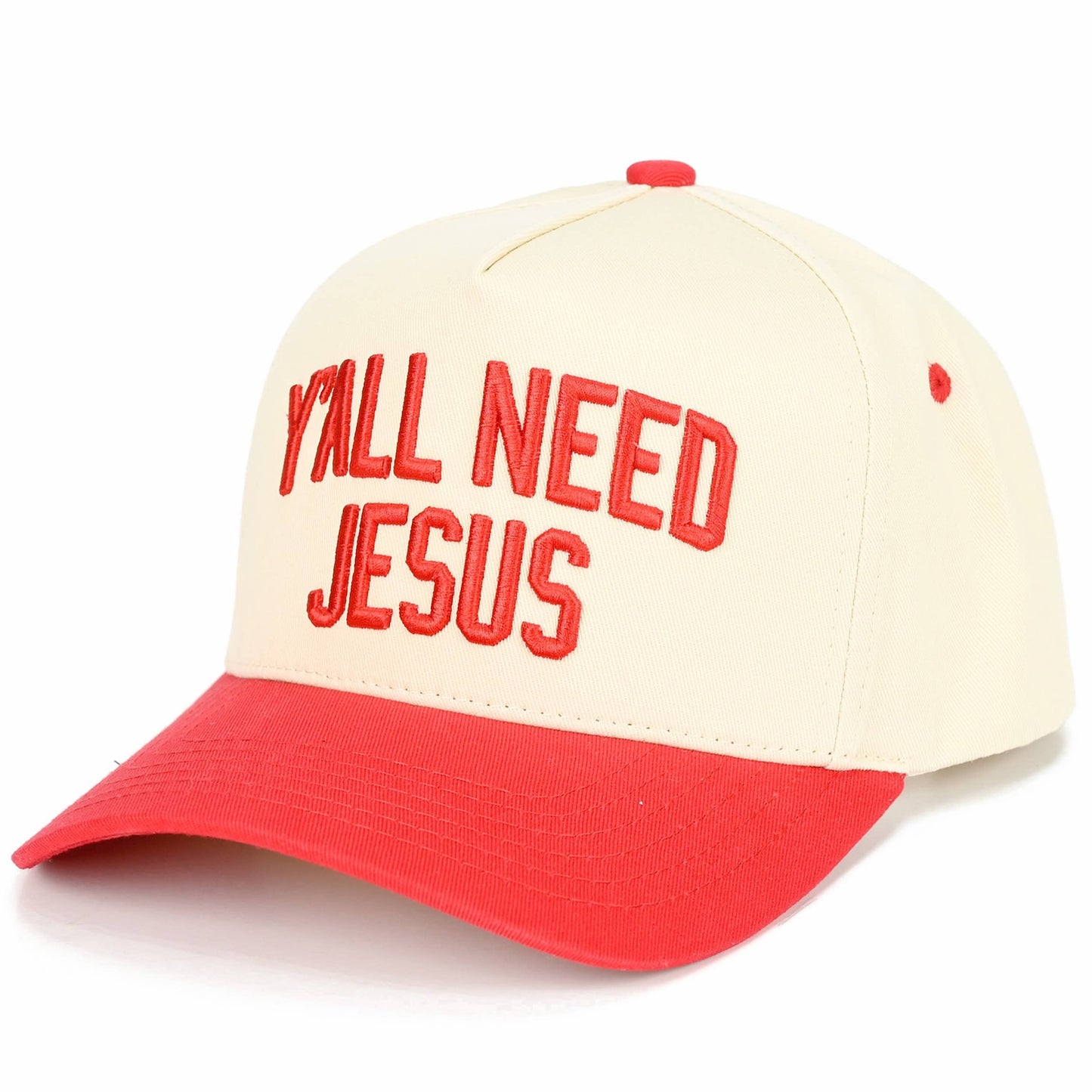 C.C Y'ALL NEED JESUS Embroidered Letter Two Tone Trucker Hat: Beige