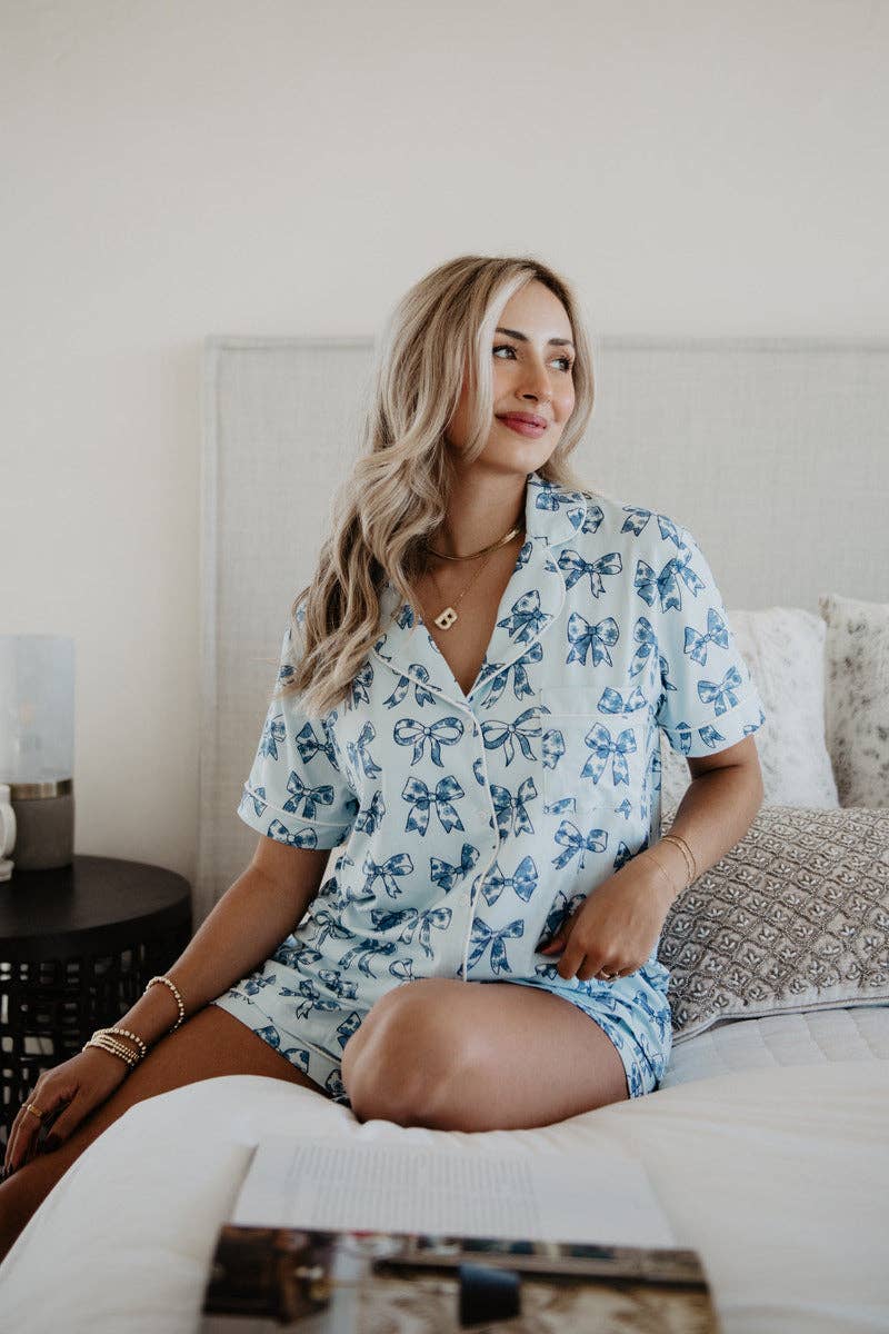 Toile Print Coquette Bows Cute Pajamas: Light Blue / XL