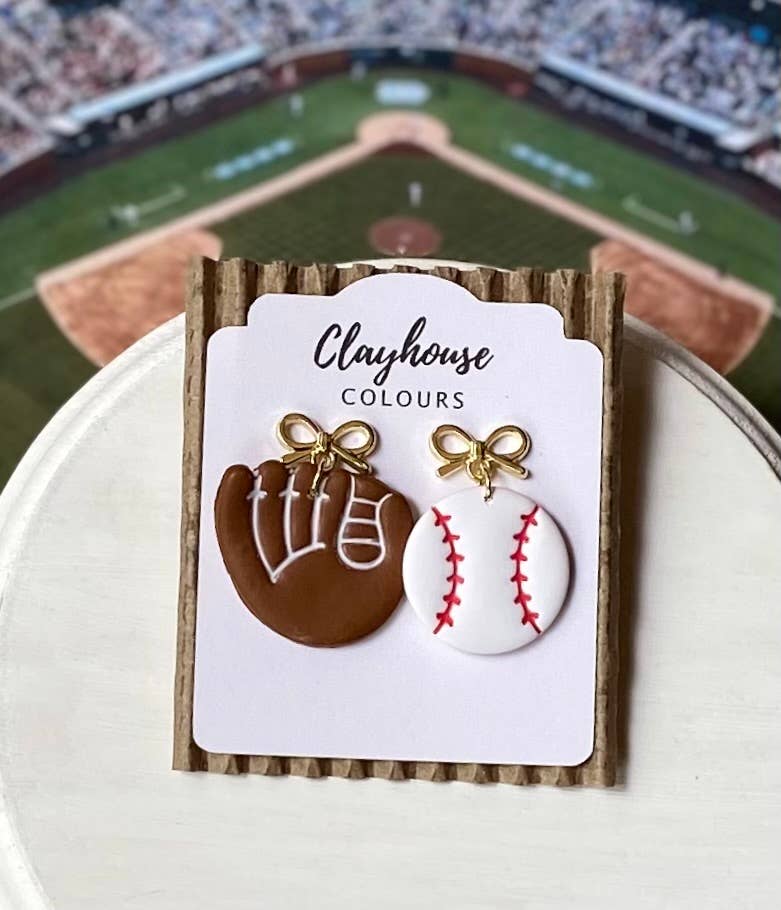 Baseball Earrings : Red Bow Baseball Dangles