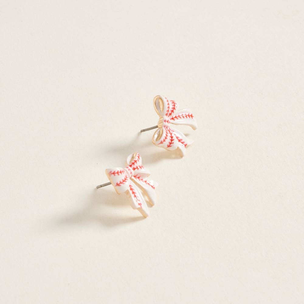 0.75 Inch Ribbon Bow Baseball Ball Print Post Earrings: Gold / ONE