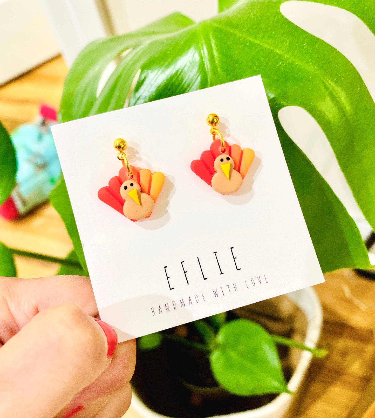 Thanksgiving Turkey Dangle Clay Earrings Holiday Gift: Gold