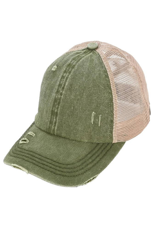 C.C Washed Denim with Crossed Elastic Band Mesh Pony Cap: Dark Olive