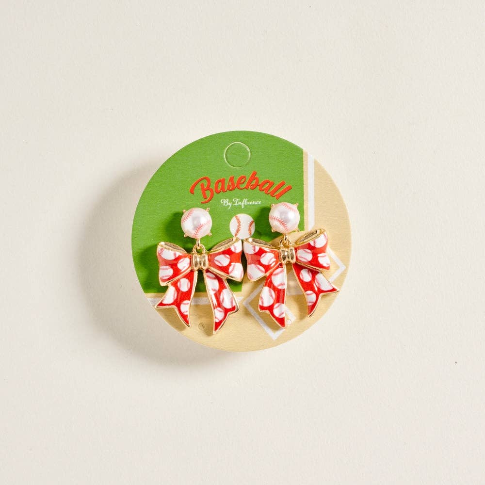 1.5 Inch Baseball Print Pattern Enamel Ribbon Post Earrings: White/Red / ONE