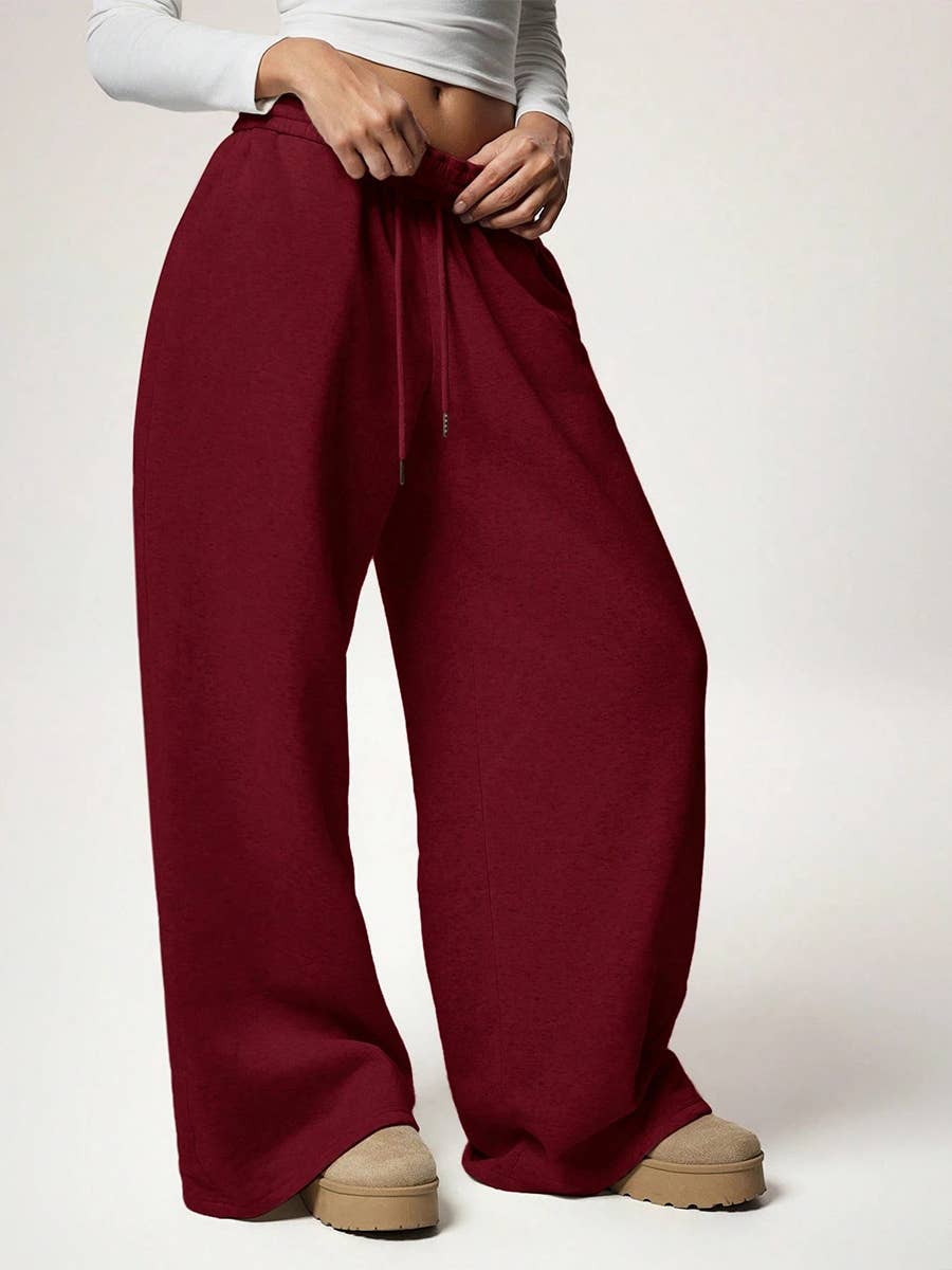 Fleece Lined Wide Leg Jogger Sweatpants_CWBLP01180: Red / (S) 1