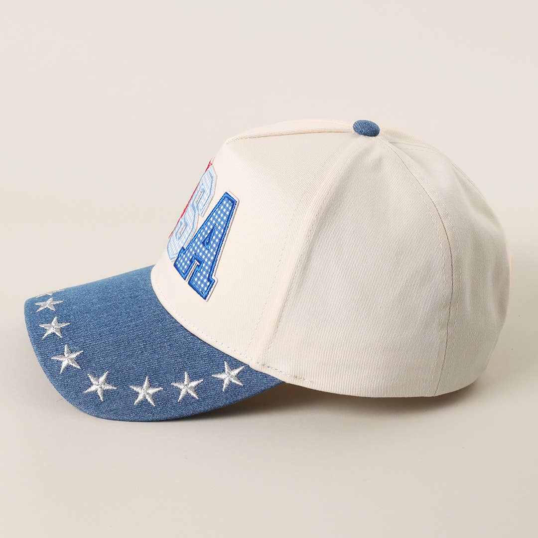 USA Letter Patch Star Brim Denim Baseball Cap: LT DENIM