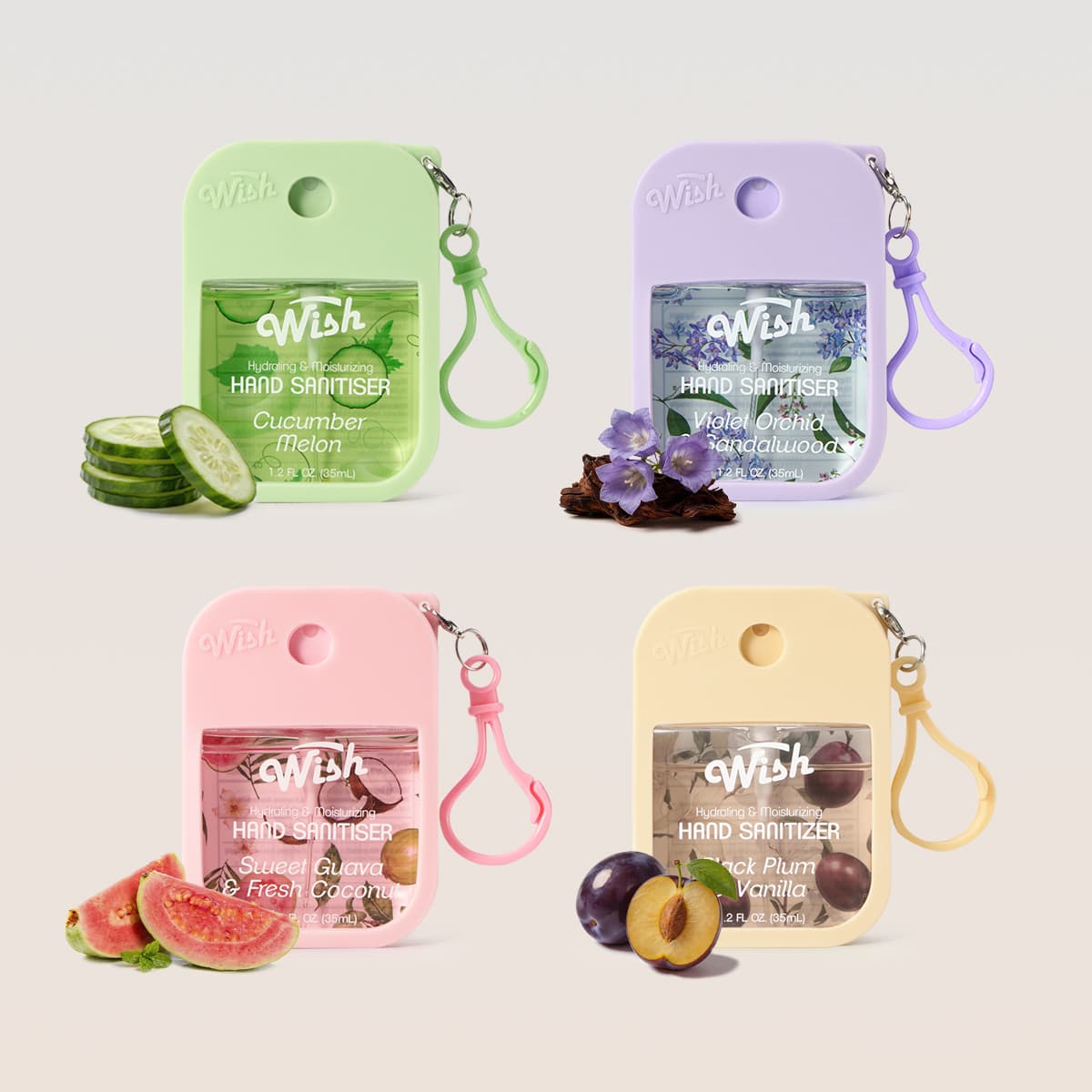 PDQ Assorted Sanitizer with Holder Case (40 Units: 10 each Black Plum, Cucumber Melon, Sweet Guava, Violet Orchid) | Size: 1.2 oz