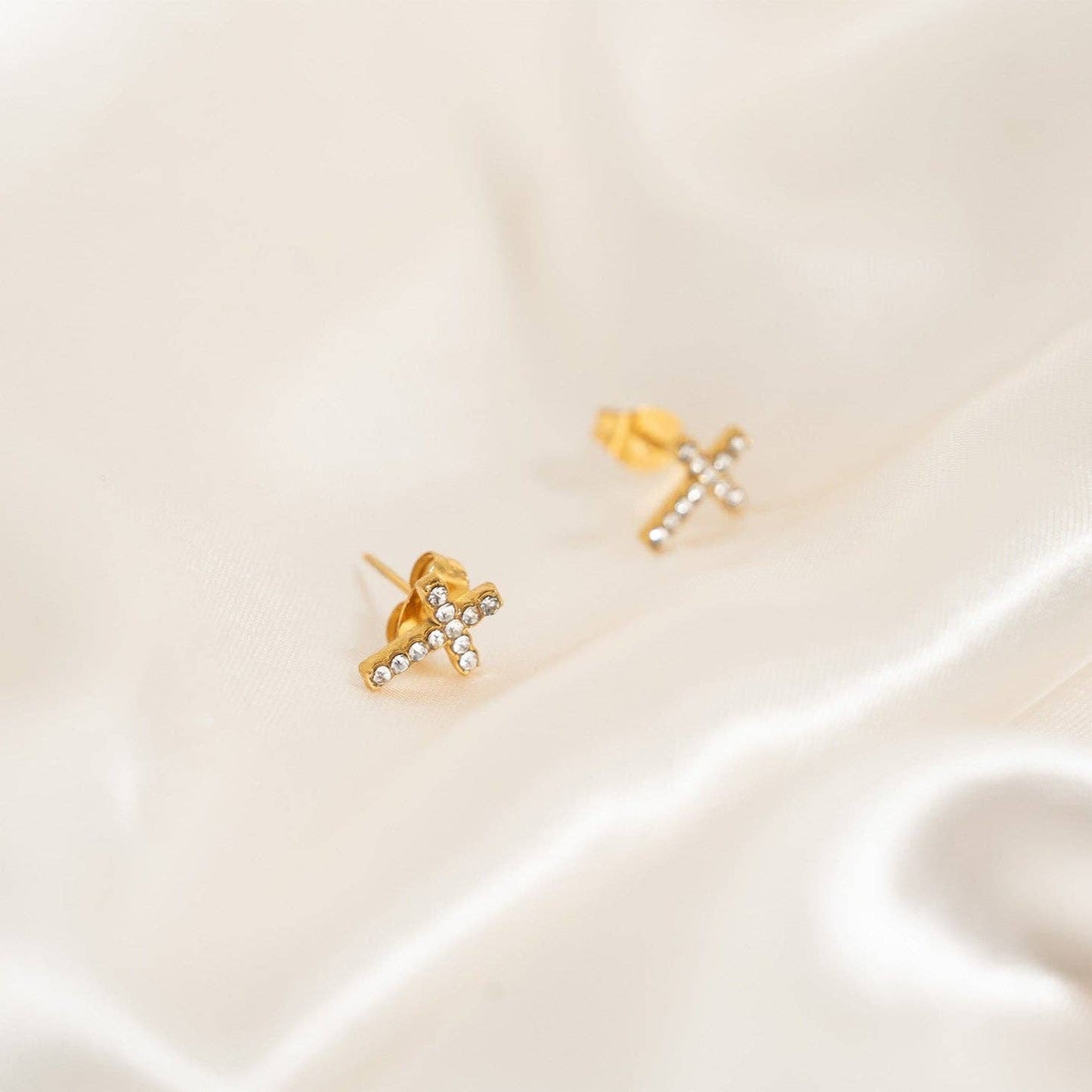 18K Gold PVD Stainless Steel Stone Cross Earrings: Gold