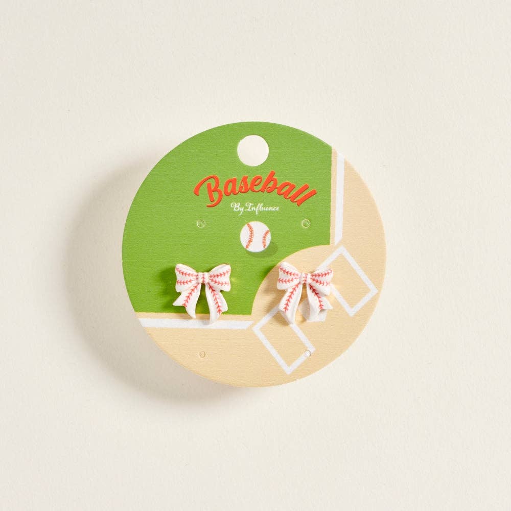 0.75 Inch Ribbon Bow Baseball Ball Print Post Earrings: Gold / ONE