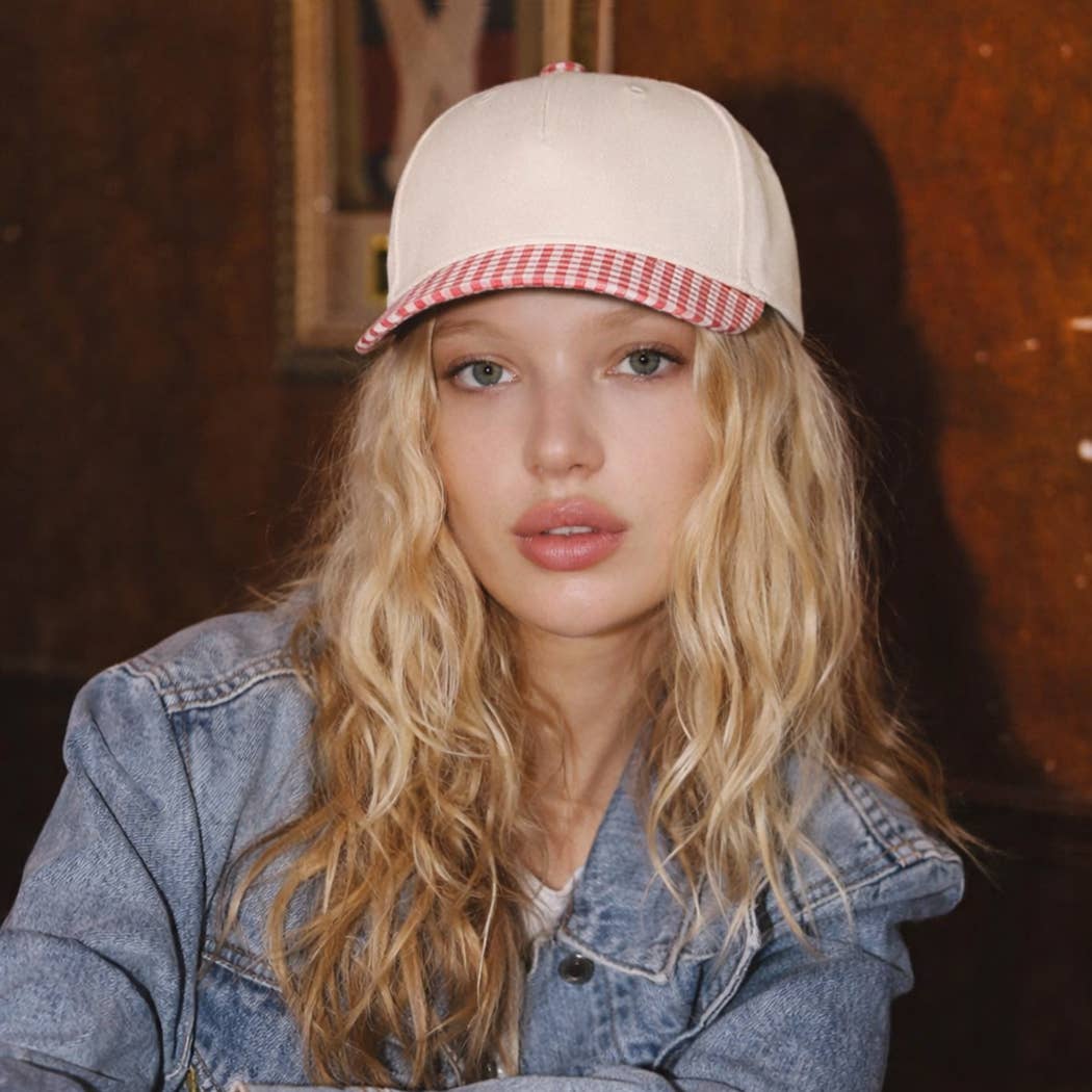 Small Gingham Check Two-Tone Trucker Hat: KHAKI / ONE SIZE