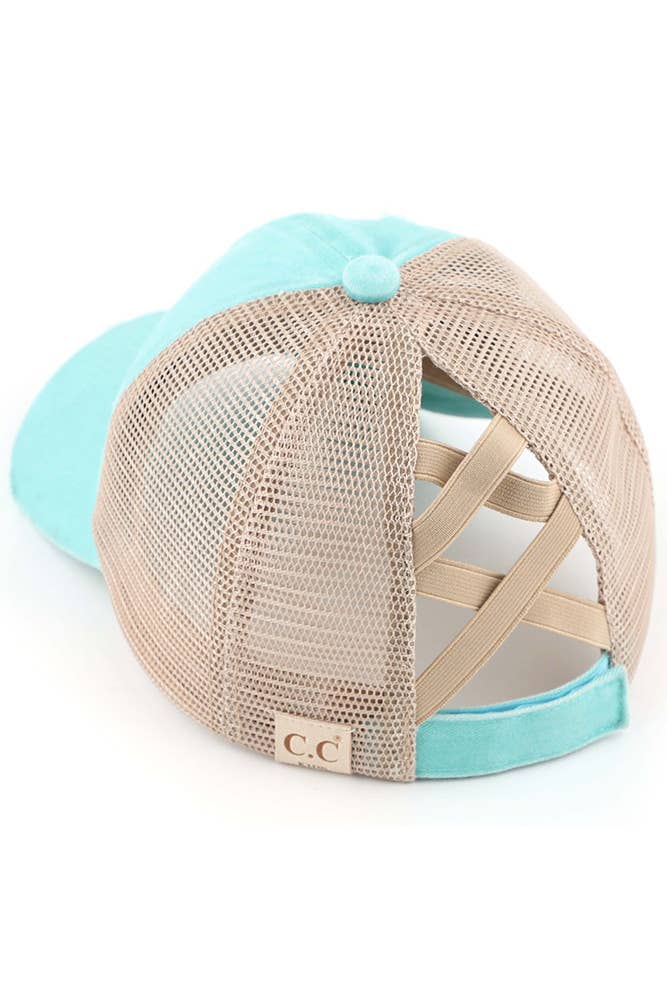 C.C Kids Washed Denim Elastic Band Crossed Pony Cap: Pink