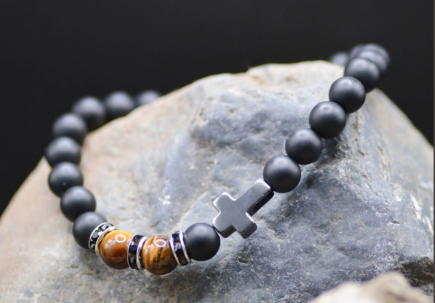 Cross Blk Bead/Tiger Eye Bracelet - Eden Merry Bracelet