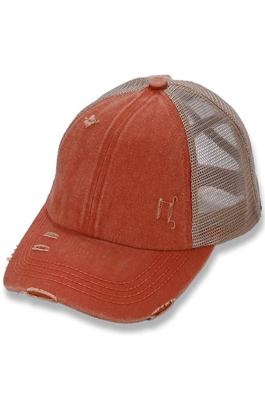 C.C Washed Denim with Crossed Elastic Band Mesh Pony Cap: Burnt Orange