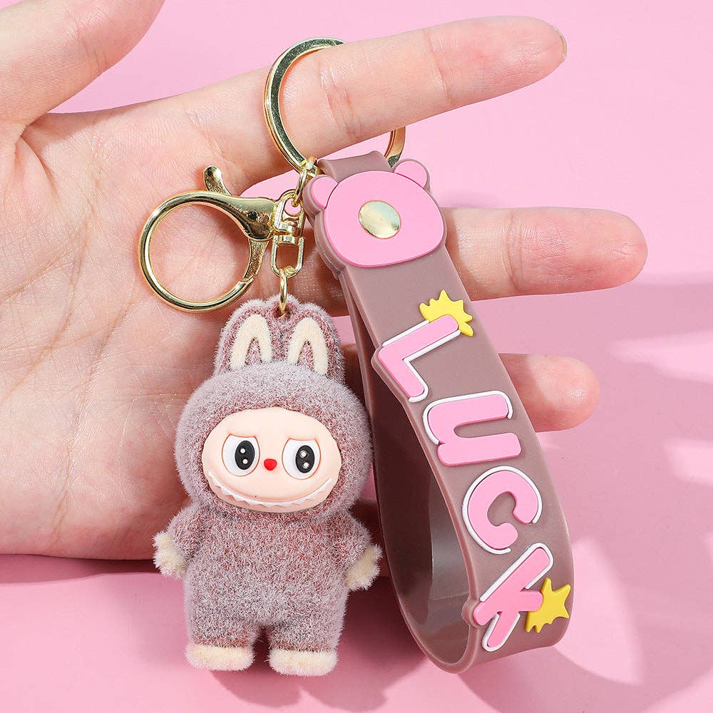 Labubu flocking keychain labubu pendant school gift: Sitting posture-4