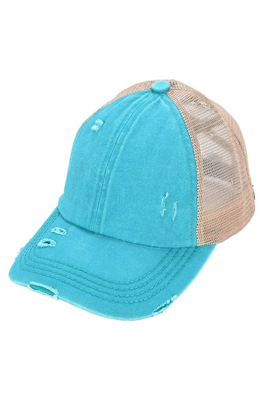 C.C Washed Denim with Crossed Elastic Band Mesh Pony Cap: Turquoise