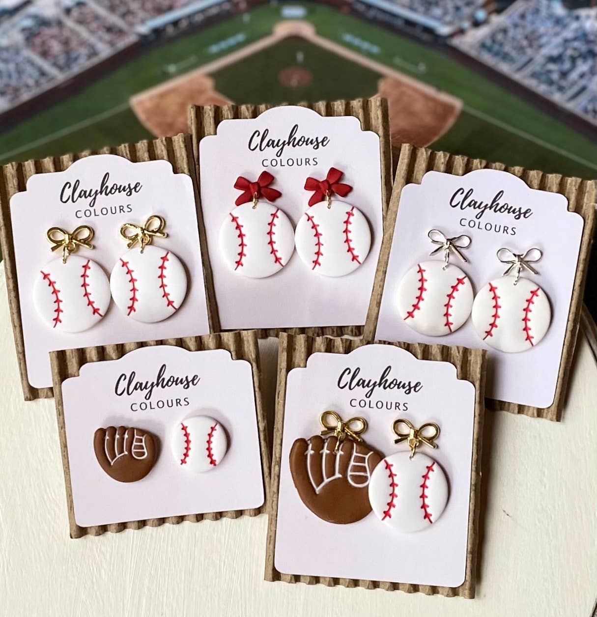 Baseball Earrings : Red Bow Baseball Dangles