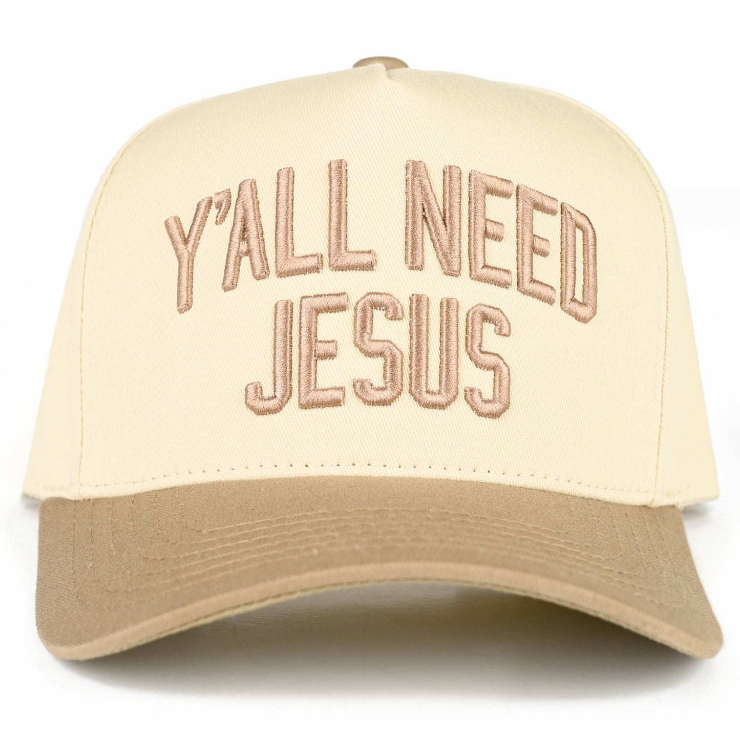 C.C Y'ALL NEED JESUS Embroidered Letter Two Tone Trucker Hat: Beige