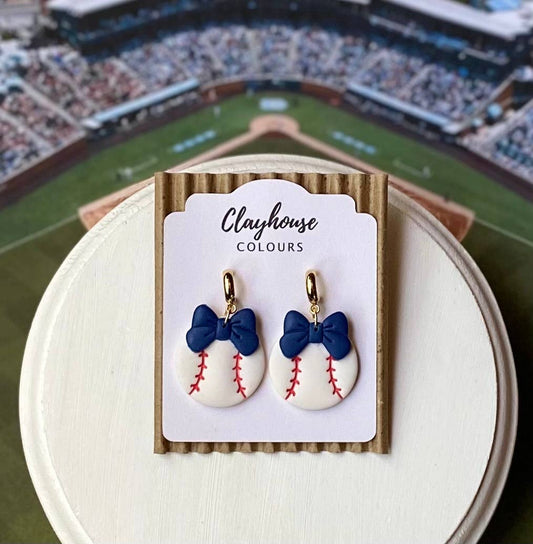 Baseball with Bow Earrings : Blue
