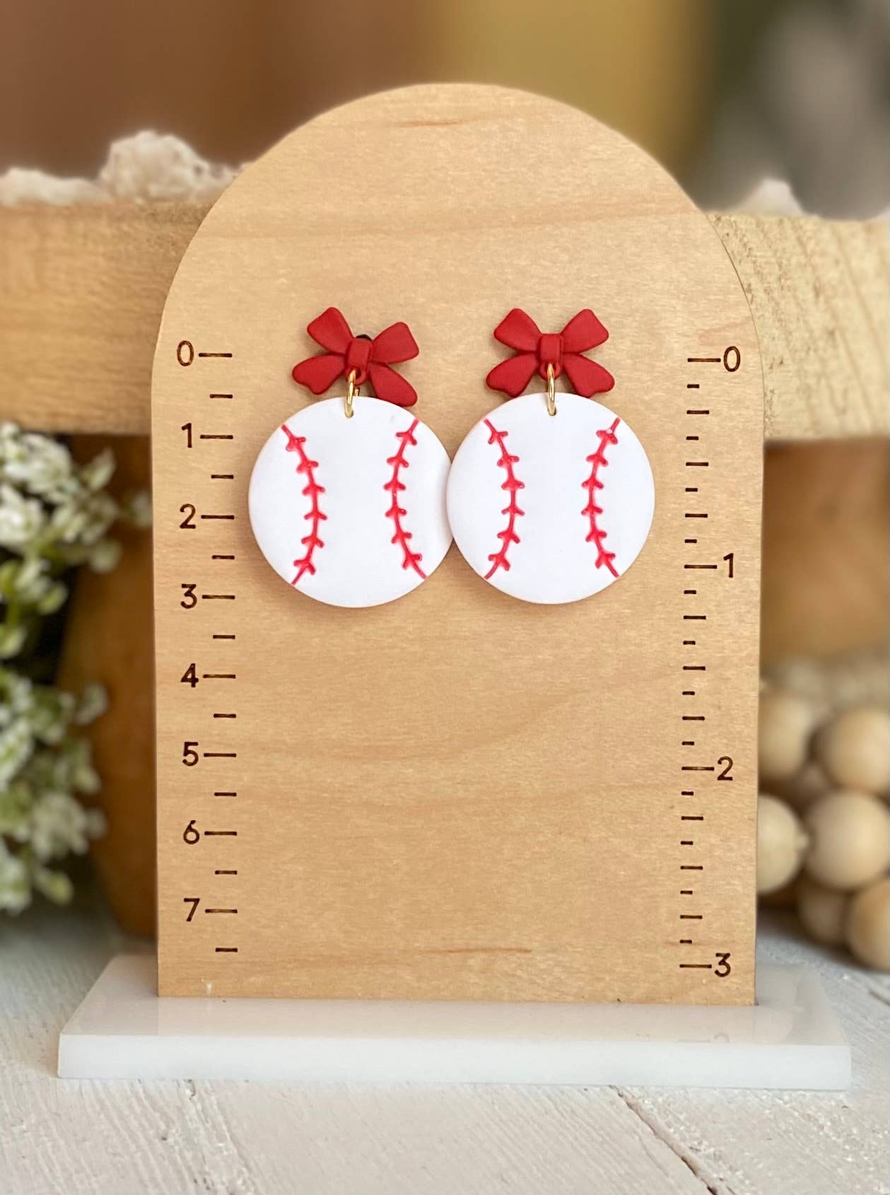 Baseball Earrings : Gold Bow Baseball Dangles