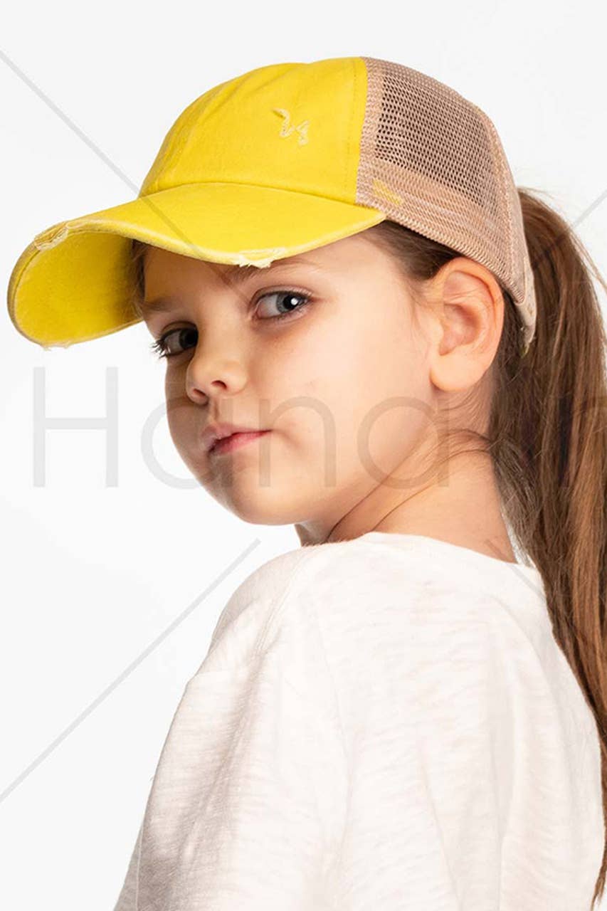 C.C Kids Washed Denim Elastic Band Crossed Pony Cap: Pink