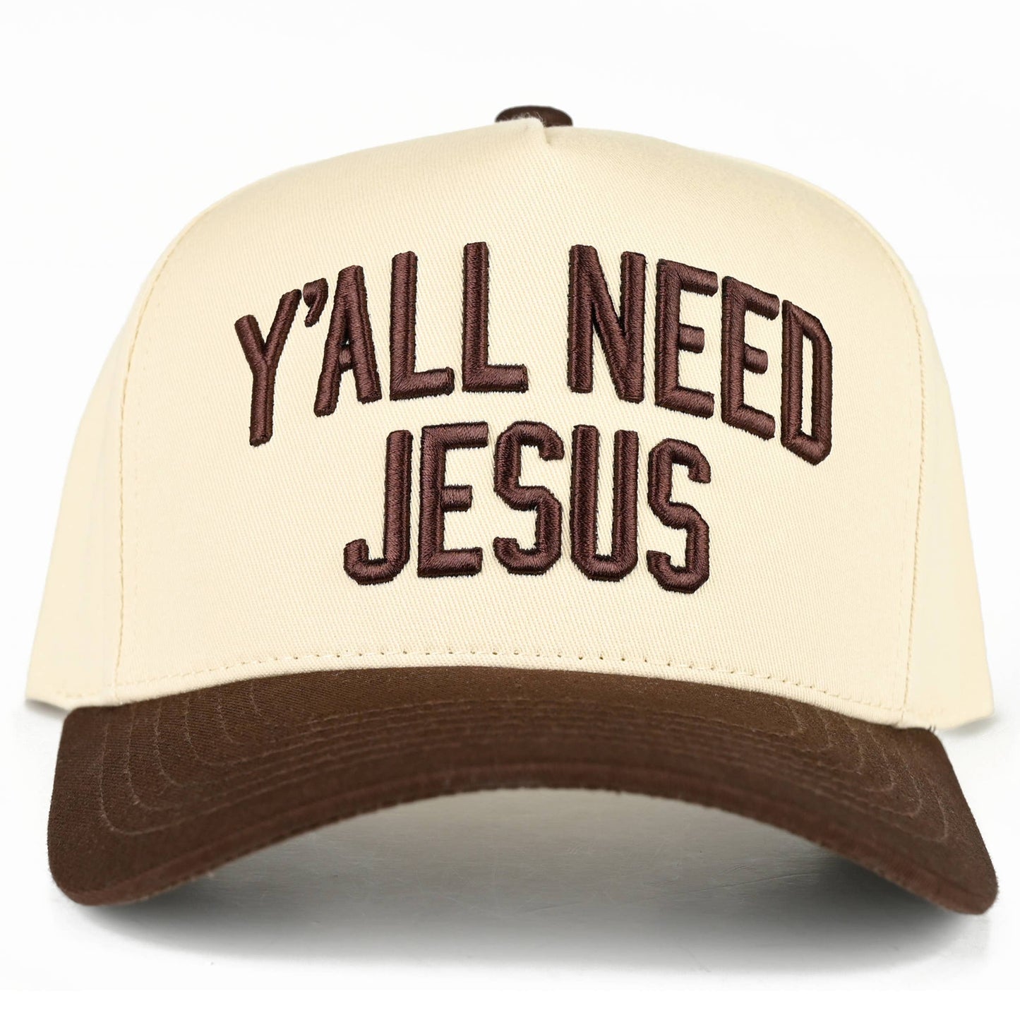 C.C Y'ALL NEED JESUS Embroidered Letter Two Tone Trucker Hat: Beige