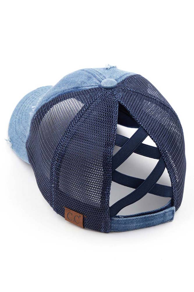 C.C Washed Denim with Crossed Elastic Band Mesh Pony Cap: Blue Moon