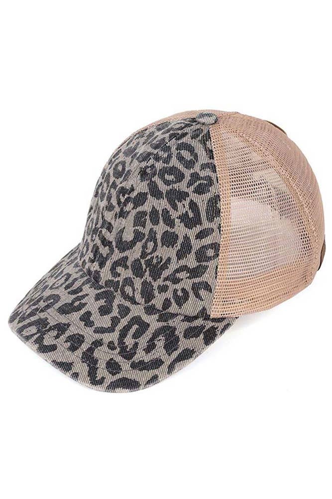 C.C Leopard Pattern Ponytail Baseball Cap: Black