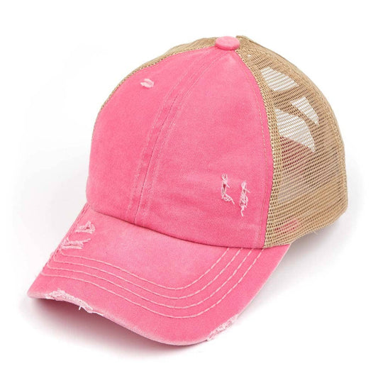 C.C Washed Denim with Crossed Elastic Band Mesh Pony Cap: Pink