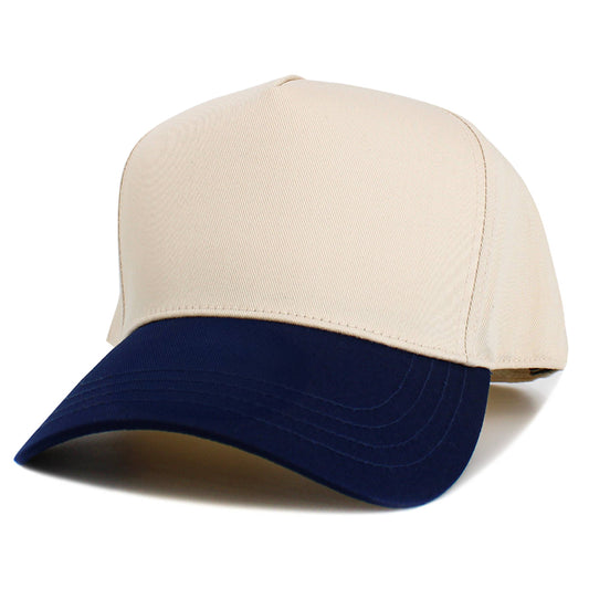 Five Panel Plain Snapback Baseball Cap: Natural/Navy