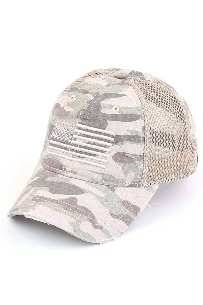 C.C American Flag Embroidery Camo Baseball Cap: Beige