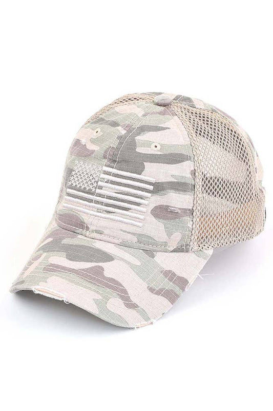 C.C American Flag Embroidery Camo Baseball Cap: Beige