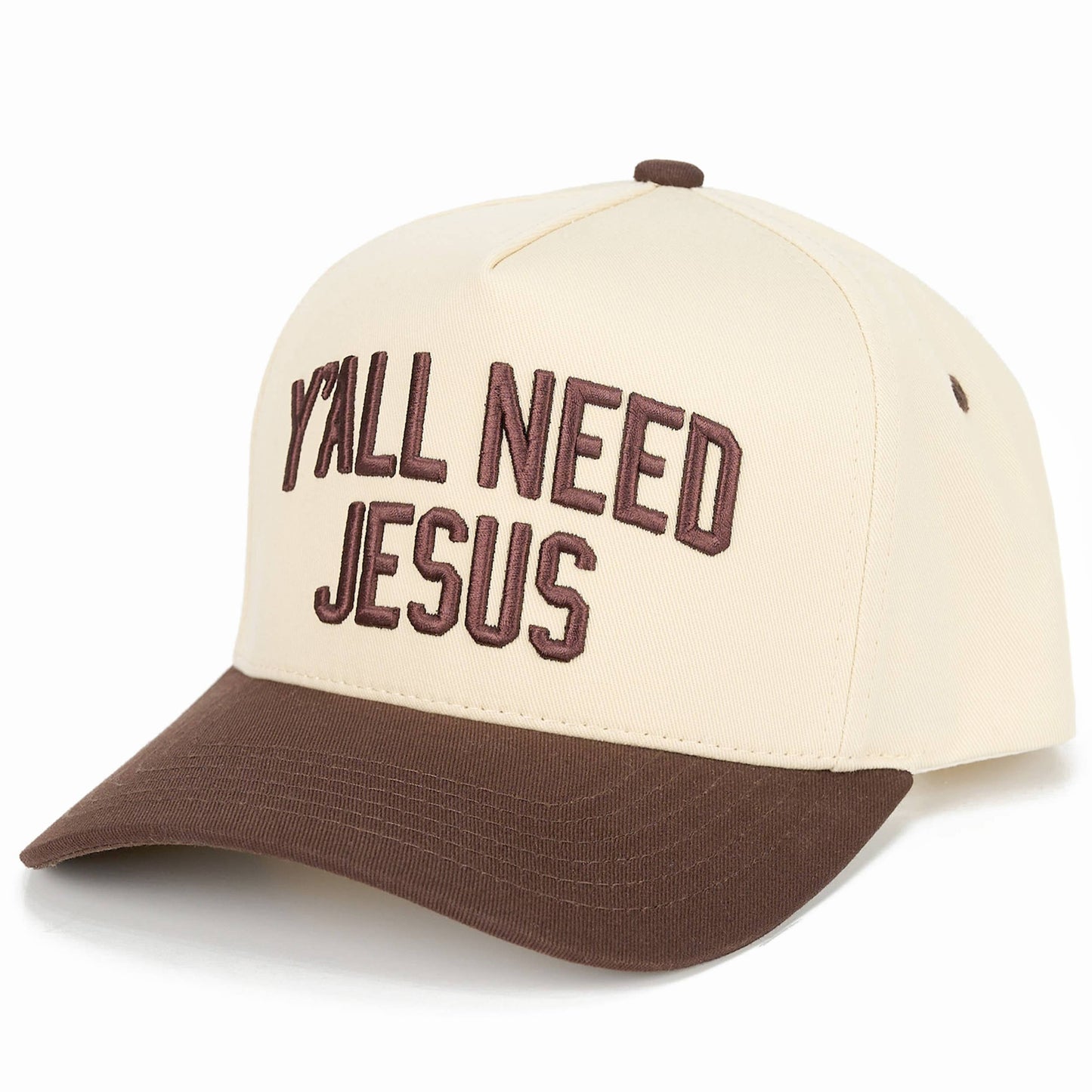 C.C Y'ALL NEED JESUS Embroidered Letter Two Tone Trucker Hat: Beige